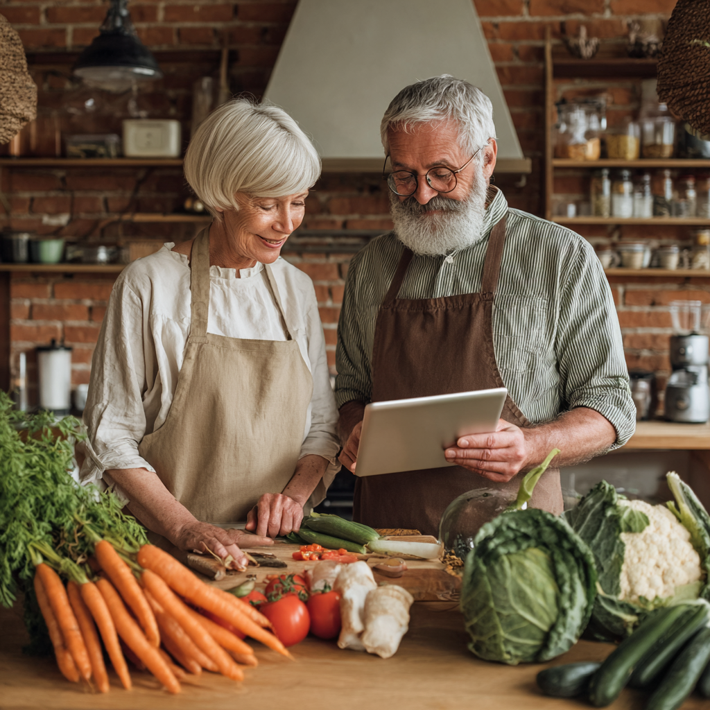 Older adults reviewing personalized meal plans and healthy ingredients